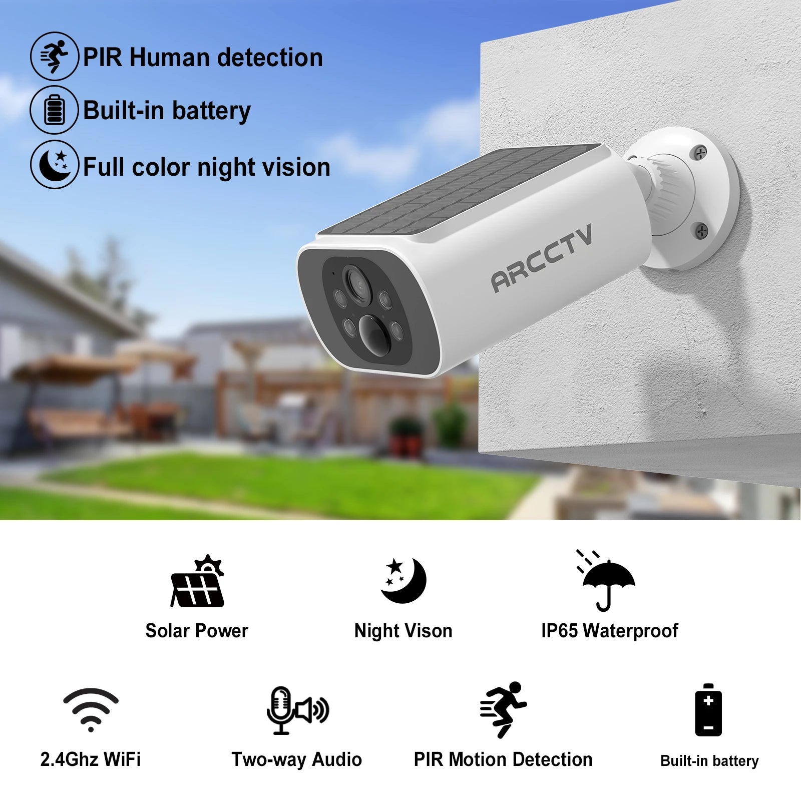 ARCCTV 2K Solar-Powered Wi-Fi Security Camera – Night Vision + Flash Alarm