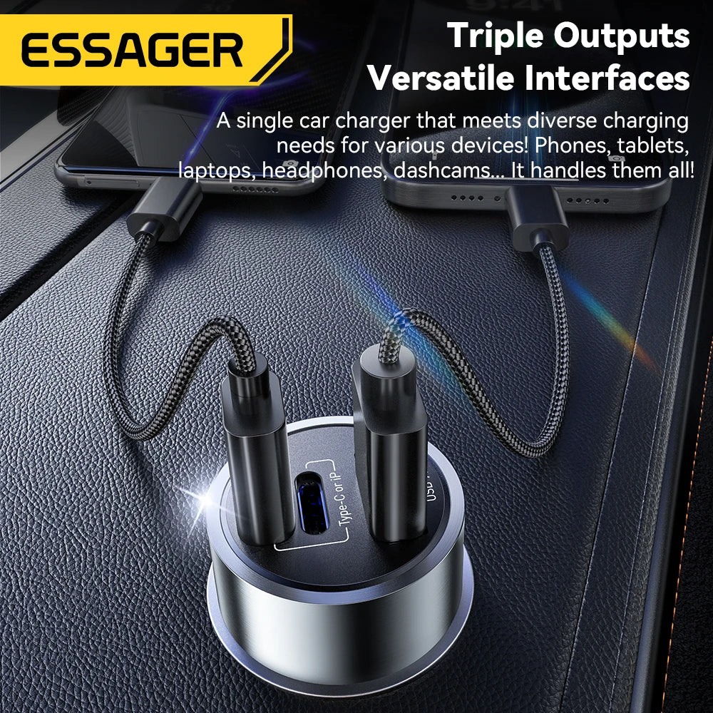 Essager Car Charger 3 Ports 45W USB Type C Fast Charging Phone Quick Charge for IPhone 15 14 Huawei Xiaomi Samsung Laptop Tablet