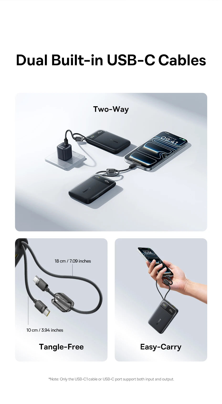 Baseus 45W Power Bank 10000mAh 20000mAh Built-In Dual USB-C Cable Fast Charging for iPhone 17 16 Pro Max Samsung S25 Xiaomi Poco