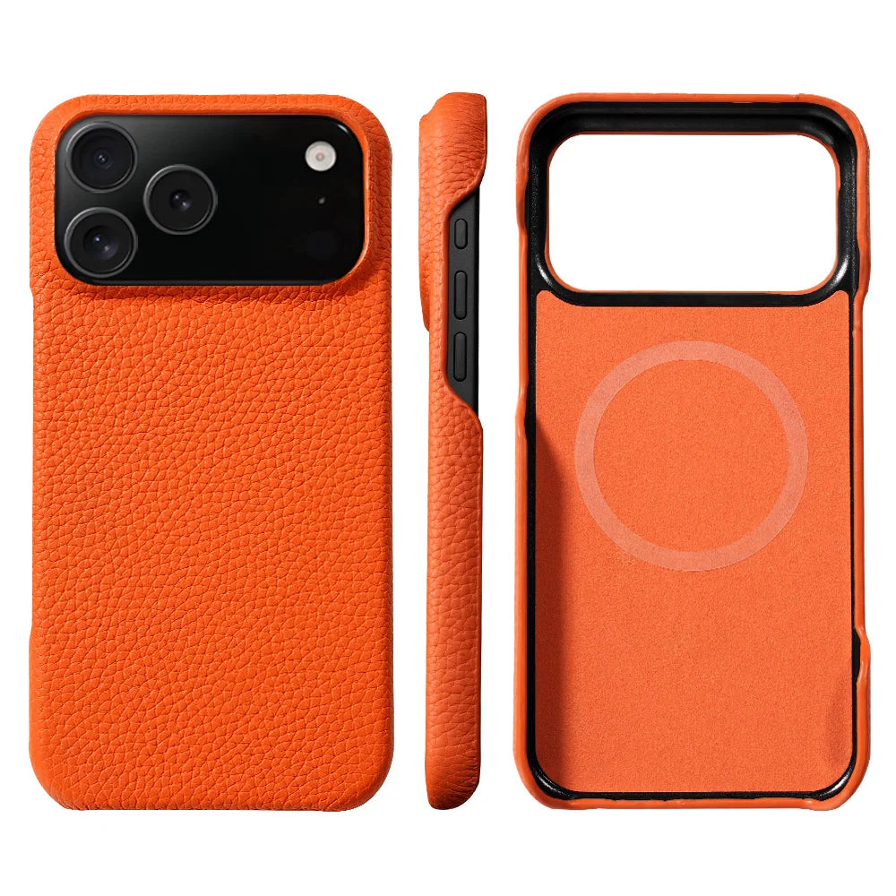 Lychee Genuine Leather Magnetic Case — iPhone 15–17 Series