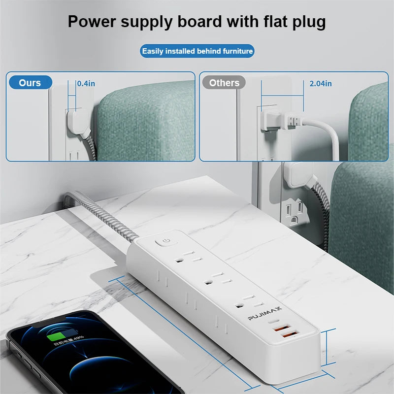 PUJIMAX Power Strip – 5ft Extension Cable with 5 AC Outlets & 3 USB Ports