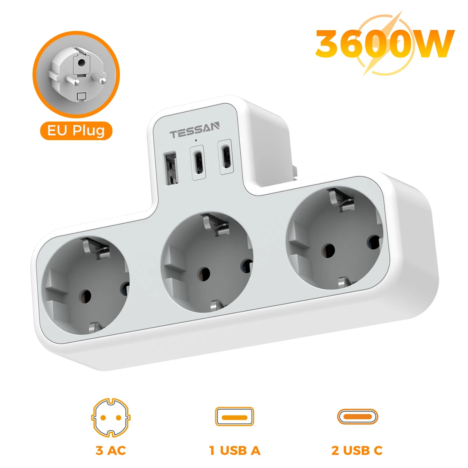 TESSAN Multiple Wall Socket with 3 AC Outlets Charging Ports EU Plug Wall Power Strip with Overload Protection 3fach Stecker Eu