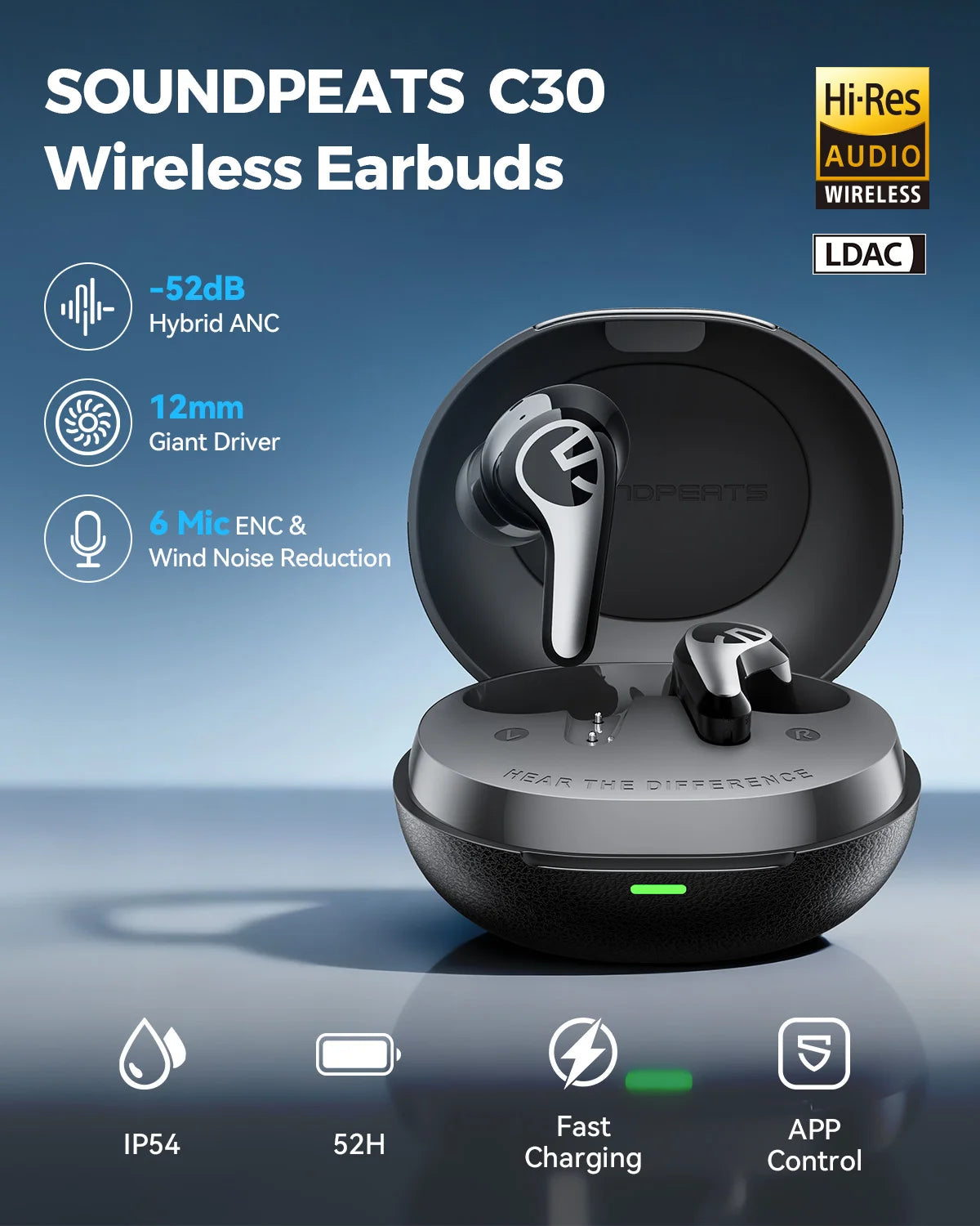 SOUNDPEATS C30 Wireless Earbuds – 52dB Hybrid ANC, Bluetooth 6.0, LDAC Hi-Res Audio & 6-Mic ENC