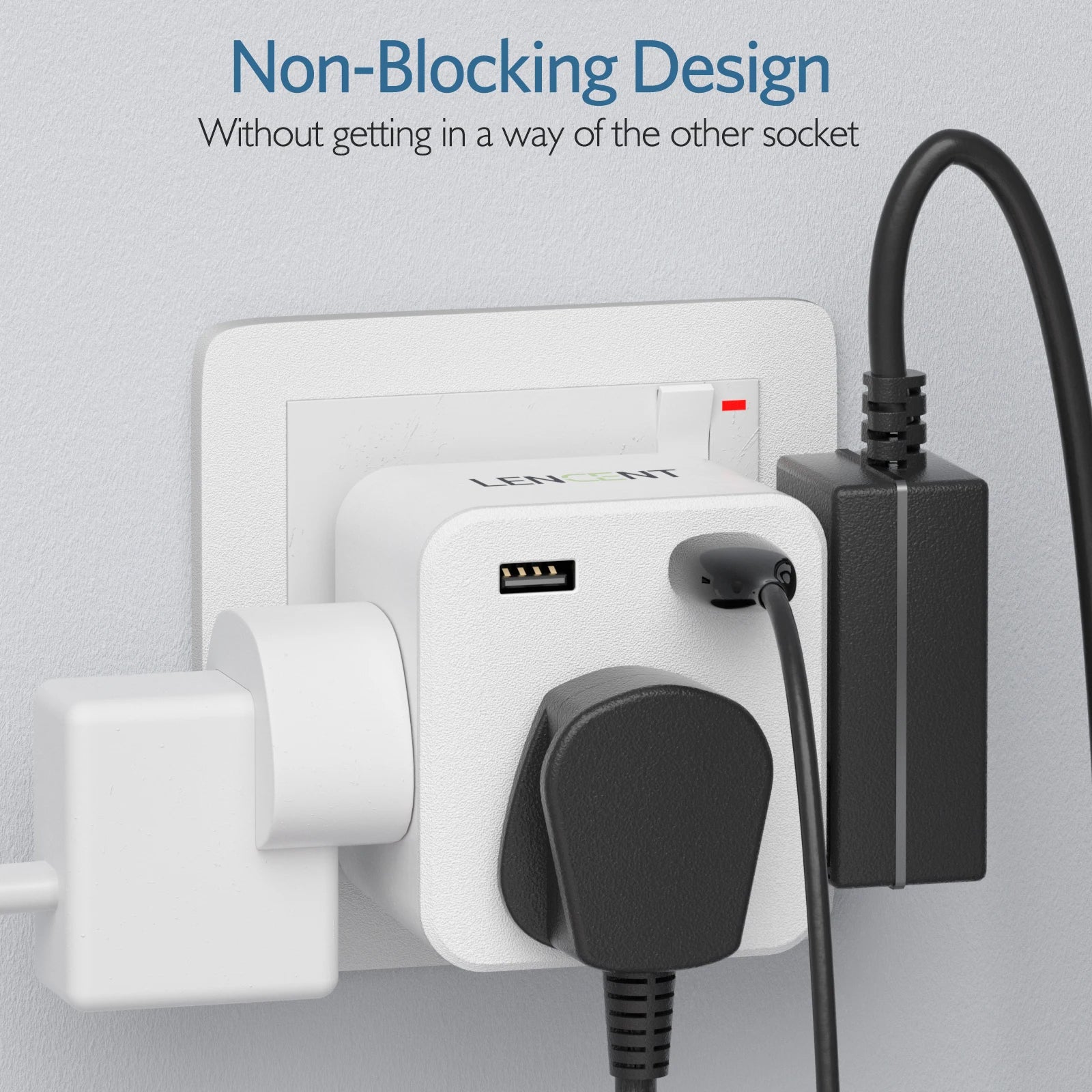 LENCENT UK Plug Power Strip with 3 AC Outlets 2 USB Charging Ports 5V 2.4A Portable Multi Socket Power Adapter for Home Office