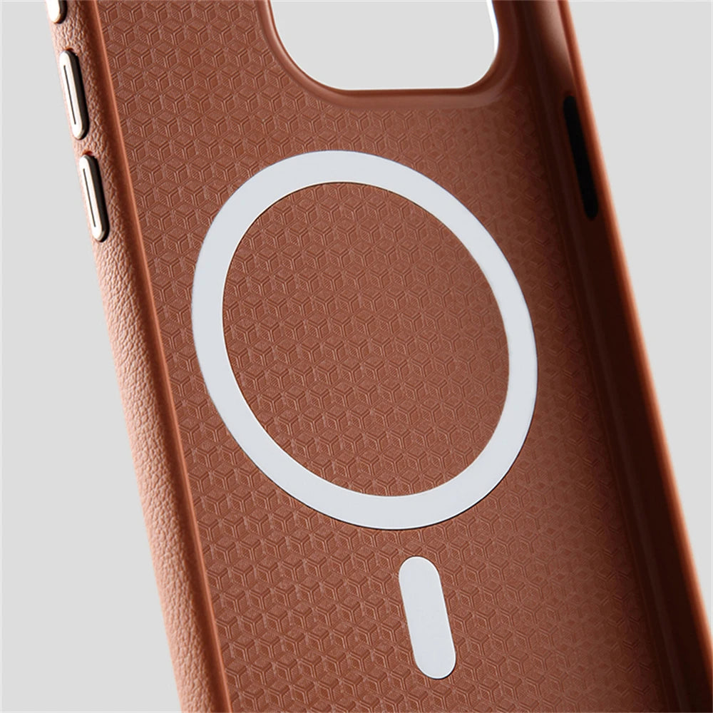 Luxury Business Metal Camera PU Leather Magnetic Case for iPhone 15–17 Series – MagSafe Wireless Protective Cover