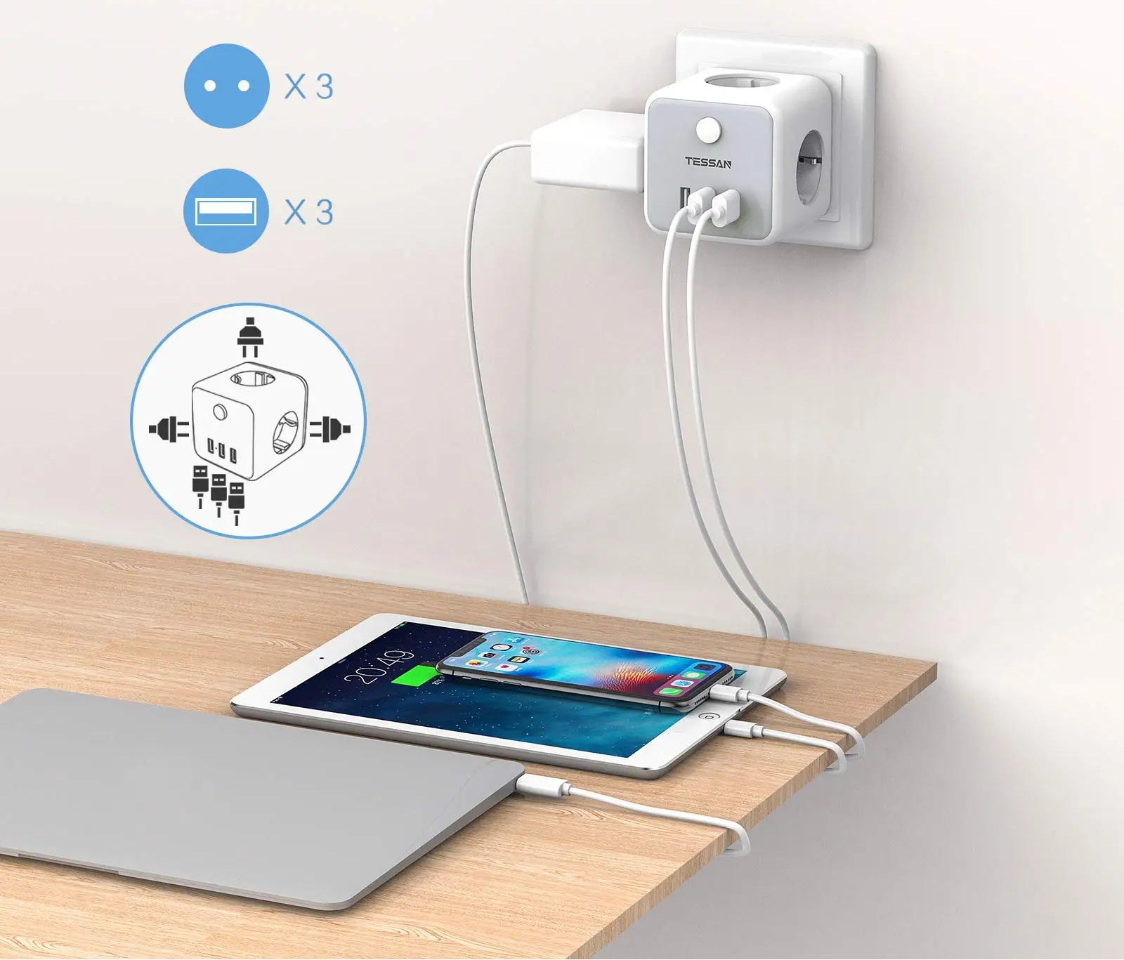 TESSAN Wall Power Strip – USB Ports & Overload Protection