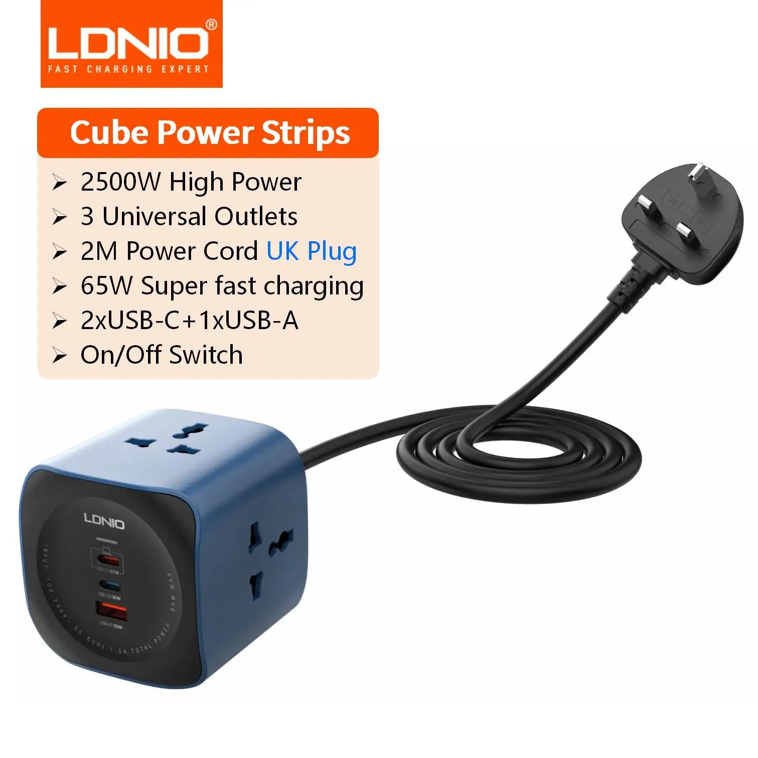 LDNIO 65W Power Cube Charging Station – 3 AC Outlets, USB-C Fast Charging & 2M Extension Cord