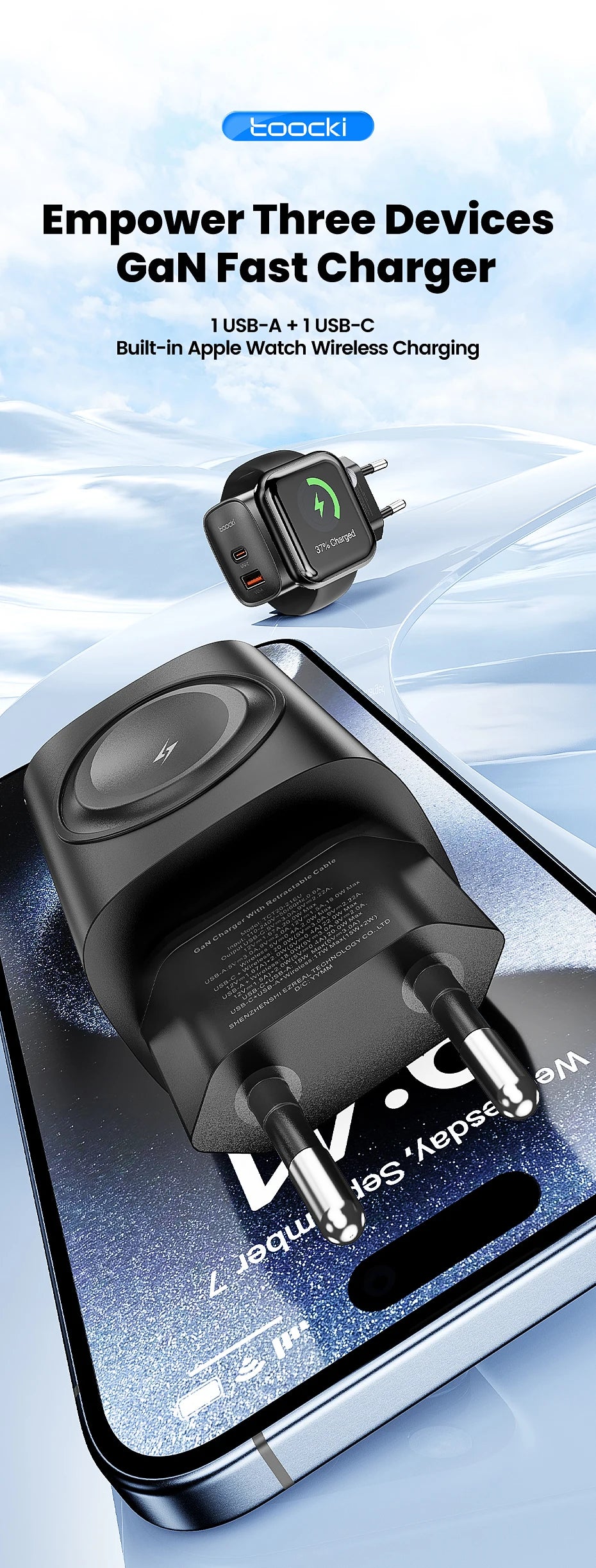 Toocki 3-in-1 GaN Charger – Fast USB-C & Wireless Charging for Phones & Watch