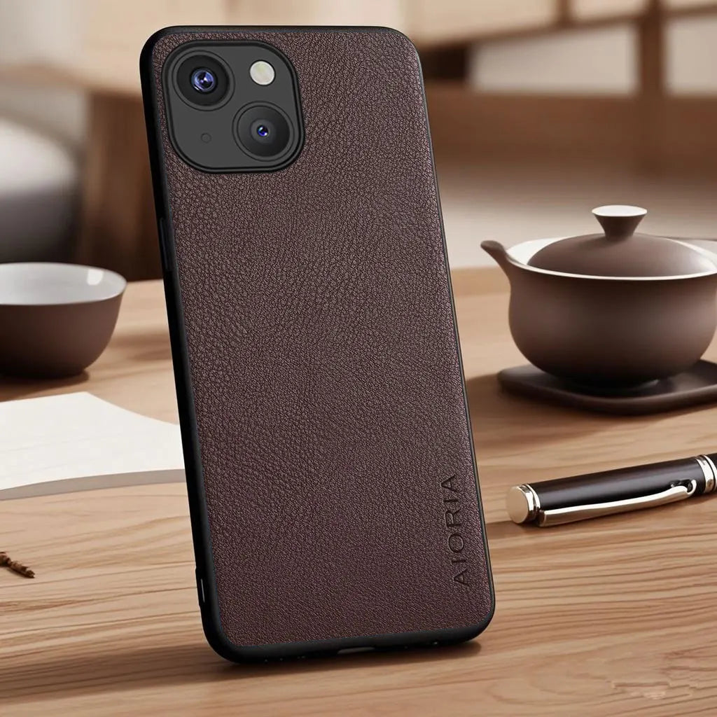 Vegan Faux Lychee Pebbled Leather Case for iPhone 15–17 Series – Soft Protective Cover