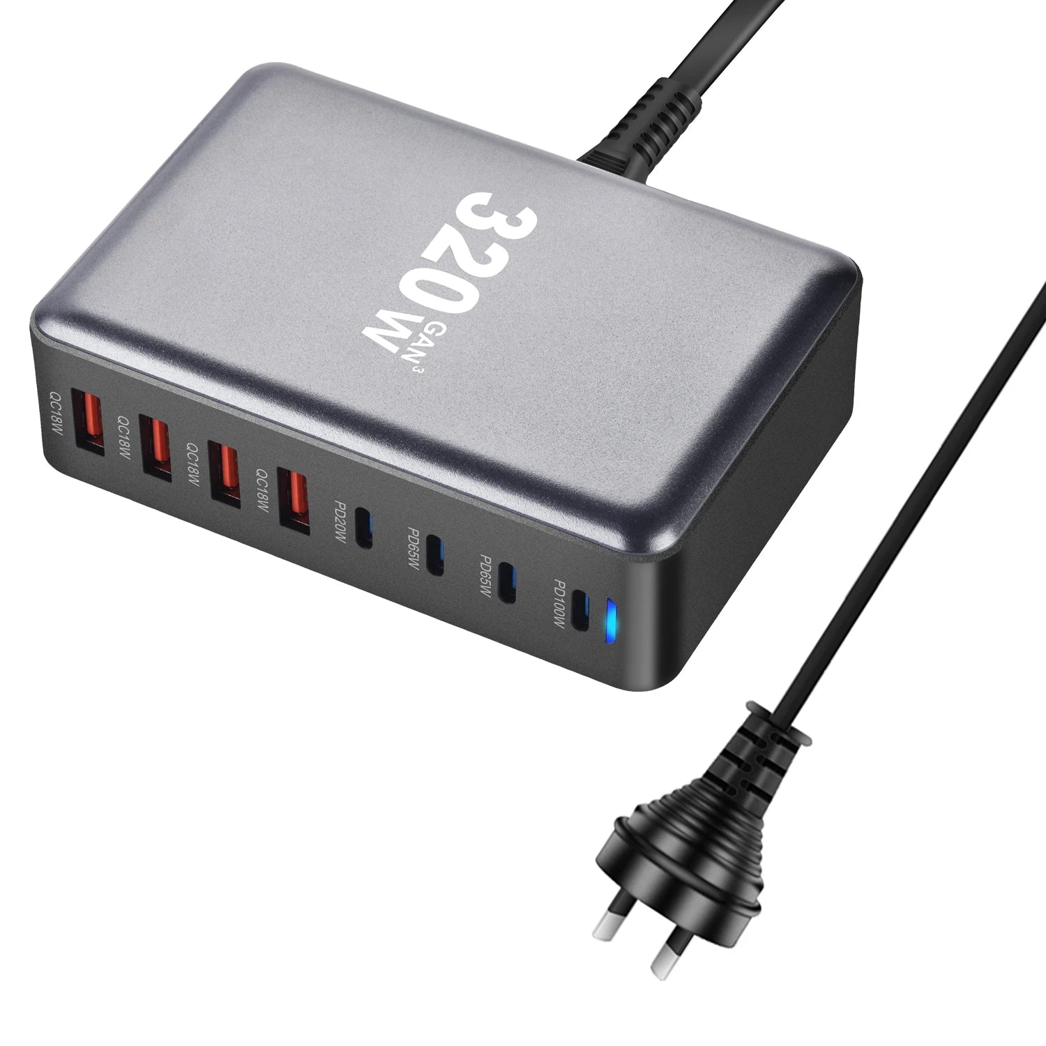 8-Port 320W GaN Fast Charger – C-Type PD Mobile Station