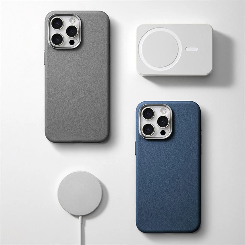 Luxury Business Metal Camera PU Leather Magnetic Case for iPhone 15–17 Series – MagSafe Wireless Protective Cover