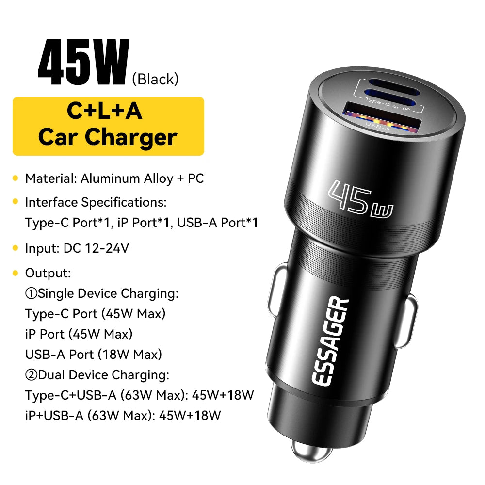 Essager Car Charger 3 Ports 45W USB Type C Fast Charging Phone Quick Charge for IPhone 15 14 Huawei Xiaomi Samsung Laptop Tablet