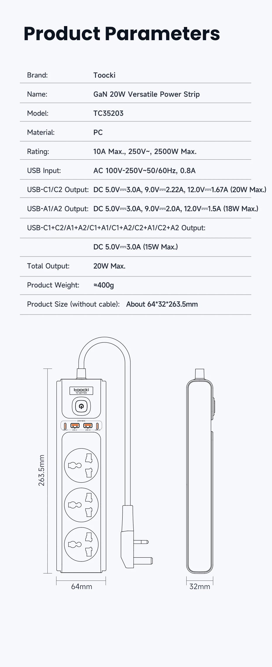 Toocki PD20W GaN Versatile Power Strip 2500W Max Universal 3AC Outlet EU UK US Plug Adapter Electrical Socket 2M Extension Cable