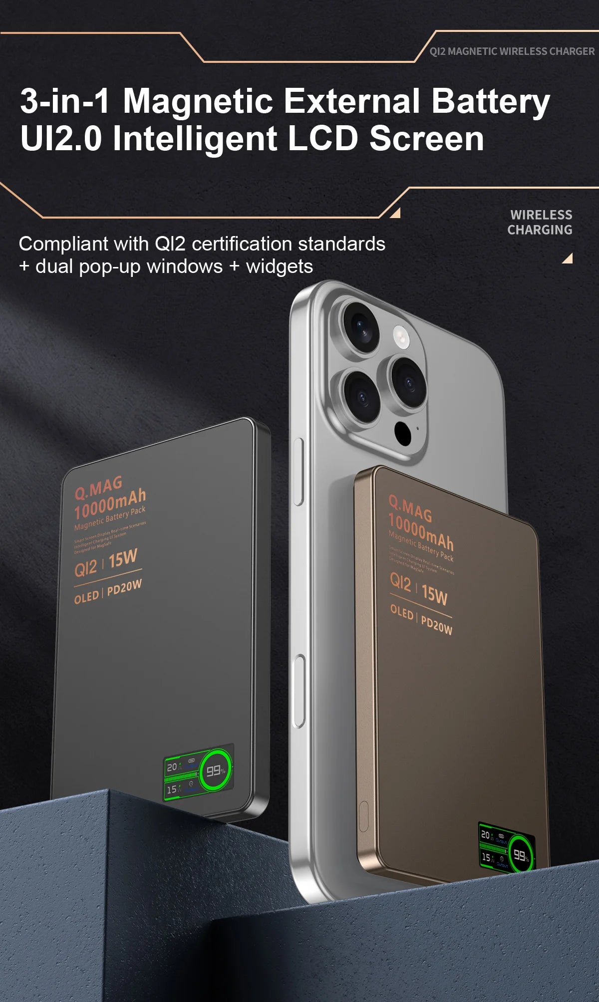 15W Wireless Magnetic Power Bank – LCD Display, iPhone, AirPods & Watch Charging