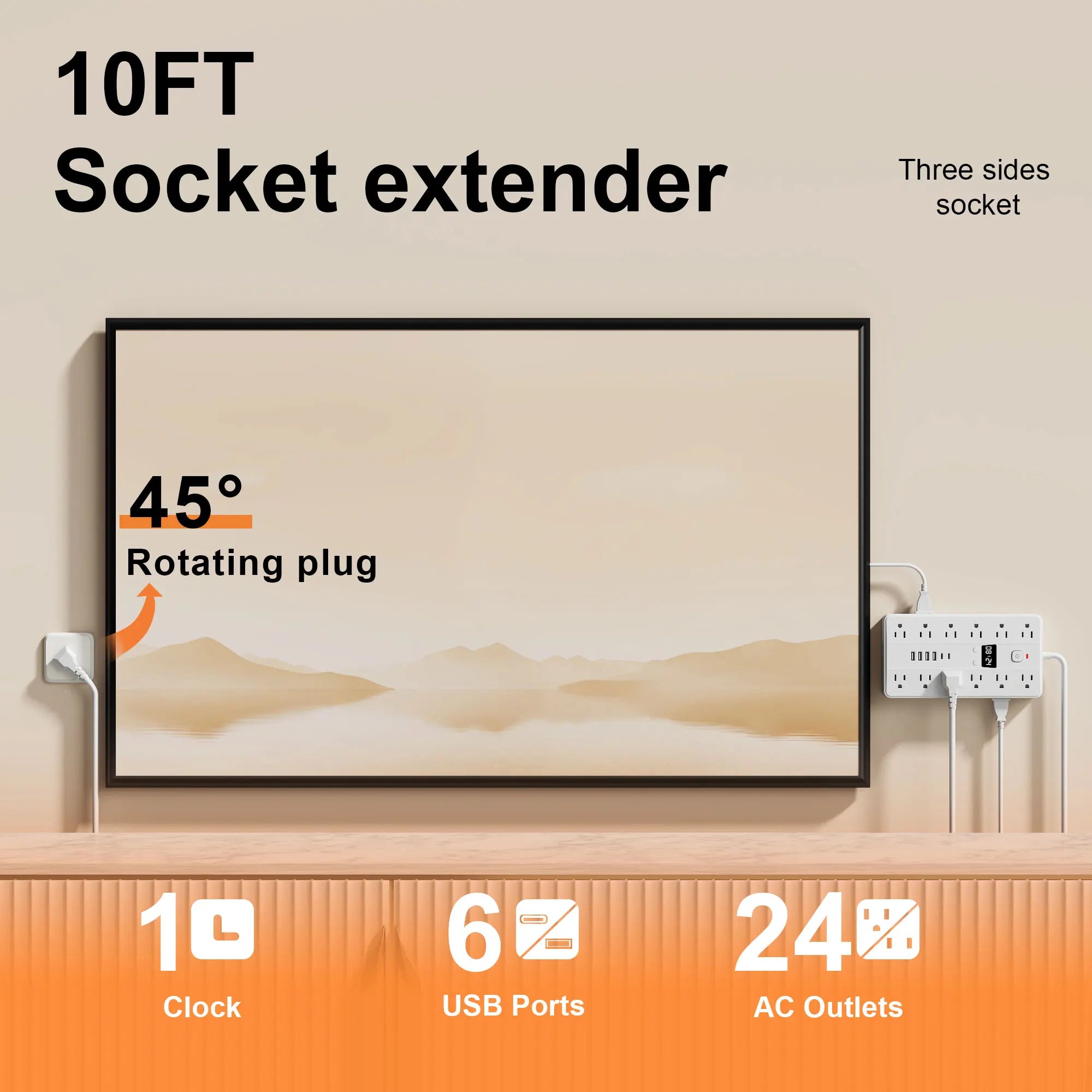 31-in-1 Multifunctional Power Socket – 24 AC Outlets, 4 USB & 2 USB-C with Time Display