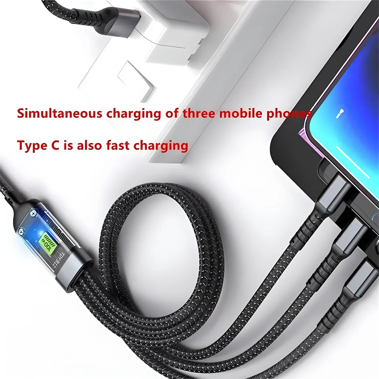 100W 3-in-1 Fast Charging Cable – USB, Type-C & Micro USB