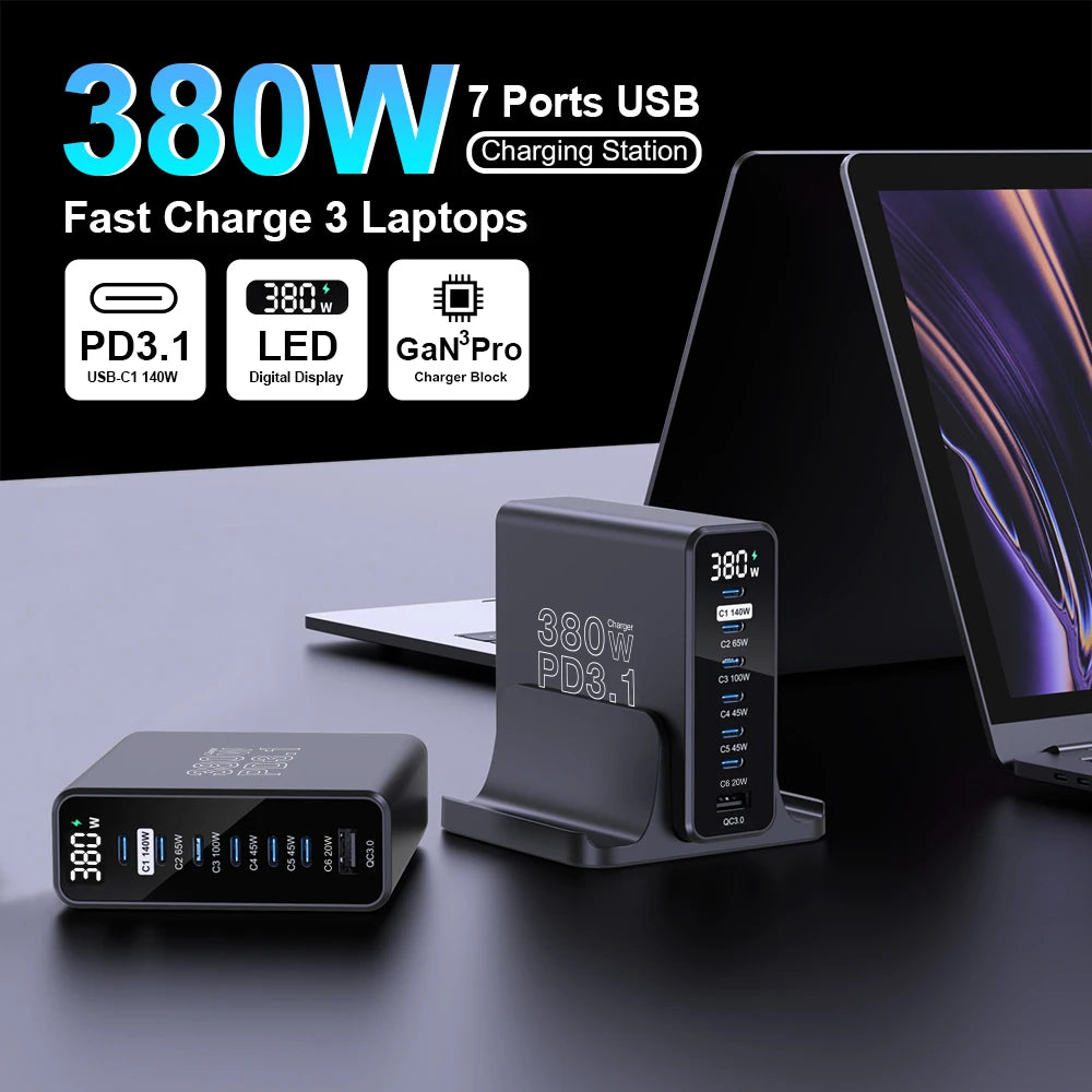 Ubigbuy 380W GaN USB C Charger PD 3.1 140W 100W PPS 45W Fast Charging Station LCD Display for iPhone 15 Samsung MacBook Pro/Air