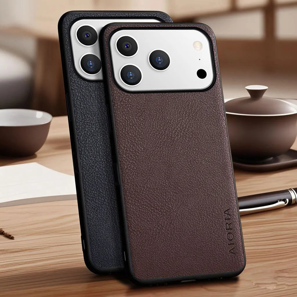 Vegan Faux Lychee Pebbled Leather Case for iPhone 15–17 Series – Soft Protective Cover