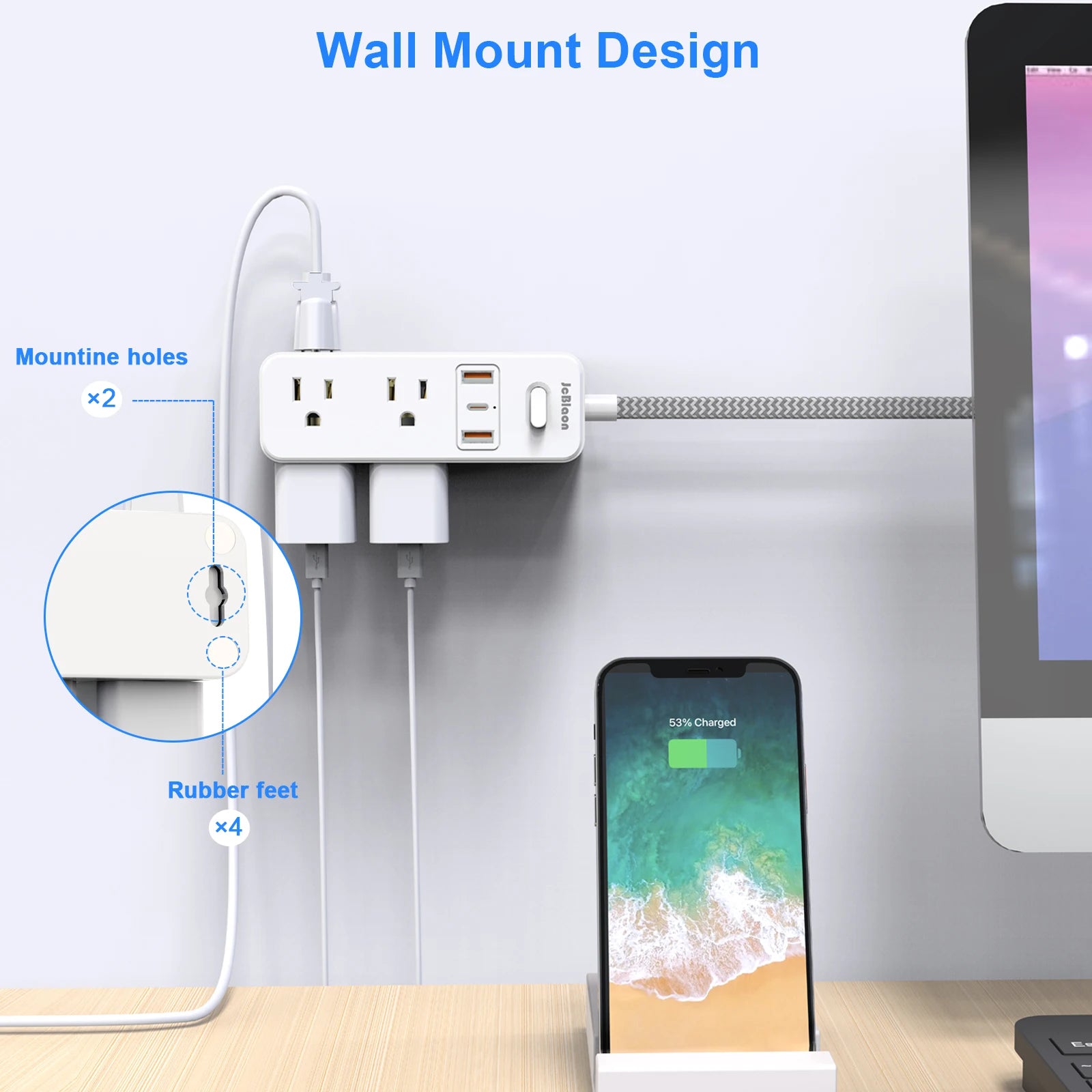 JcBlaon US Plug Multitap Power Strip – 1.5m Braided Cable with USB Charging