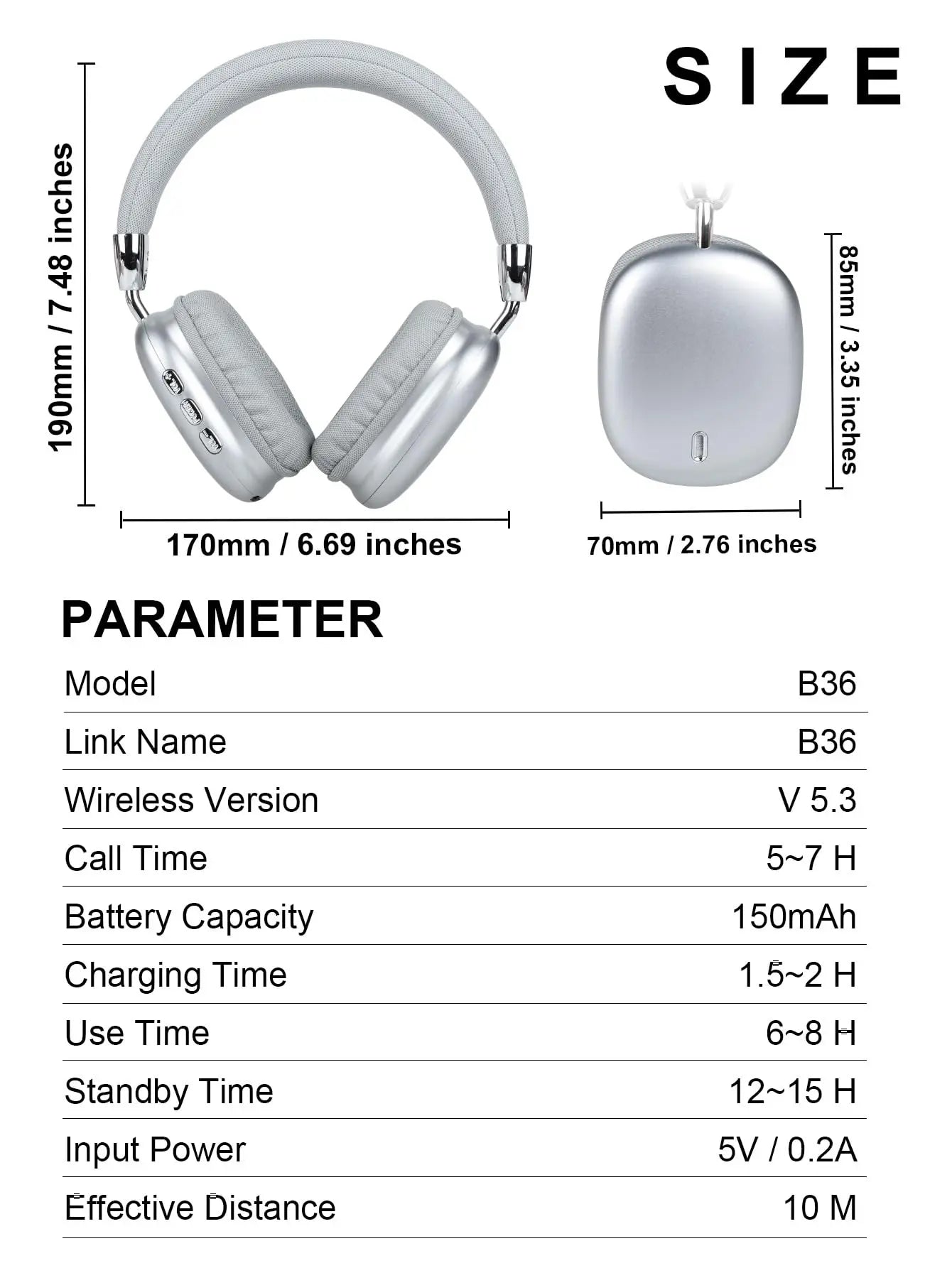 B36 Wireless Bluetooth 5.3 Over-Ear Headphones – ANC Noise Cancelling, Foldable Design & HD Microphone