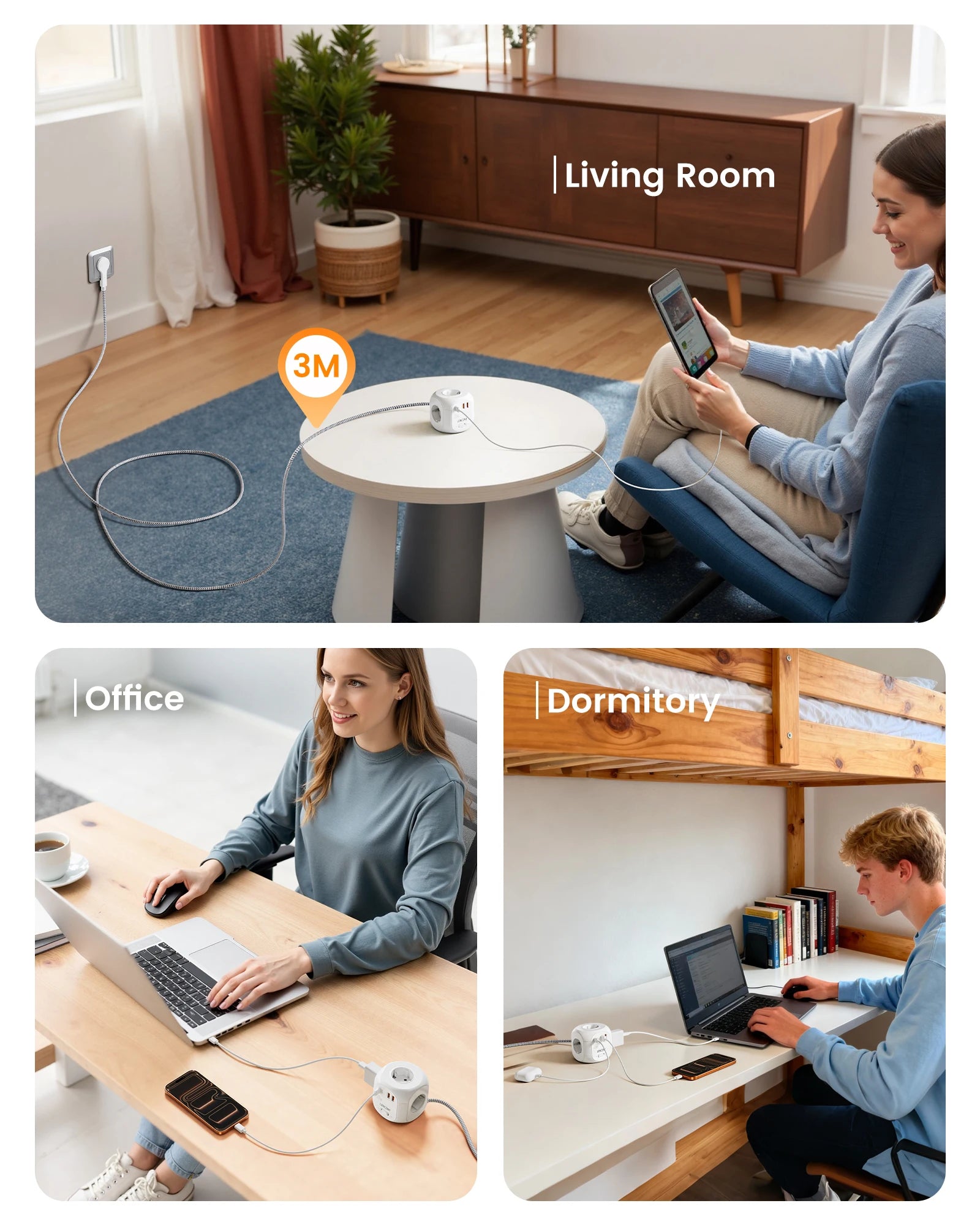 LENCENT Upgraded Power Strip Cube with  4 AC Outlets 3 USB Port 1 Type C 3M Braided Cable Multi Socket with Switch for Home