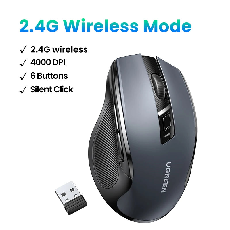 UGREEN Ergonomic Wireless Mouse – 6 Buttons, 2.4G/BT Dual Mode, 4000 DPI