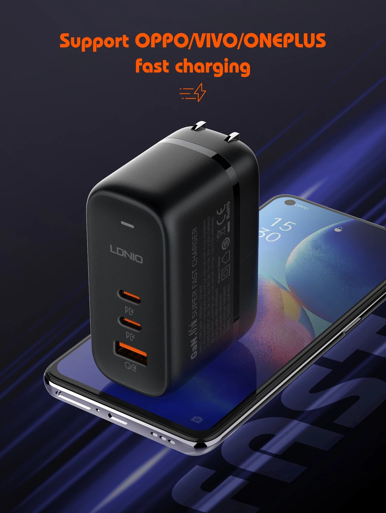LDNIO 65W GaN USB-C Travel Charger – 3-Port PD/QC Wall Charger with EU/UK/US/AU Adapter