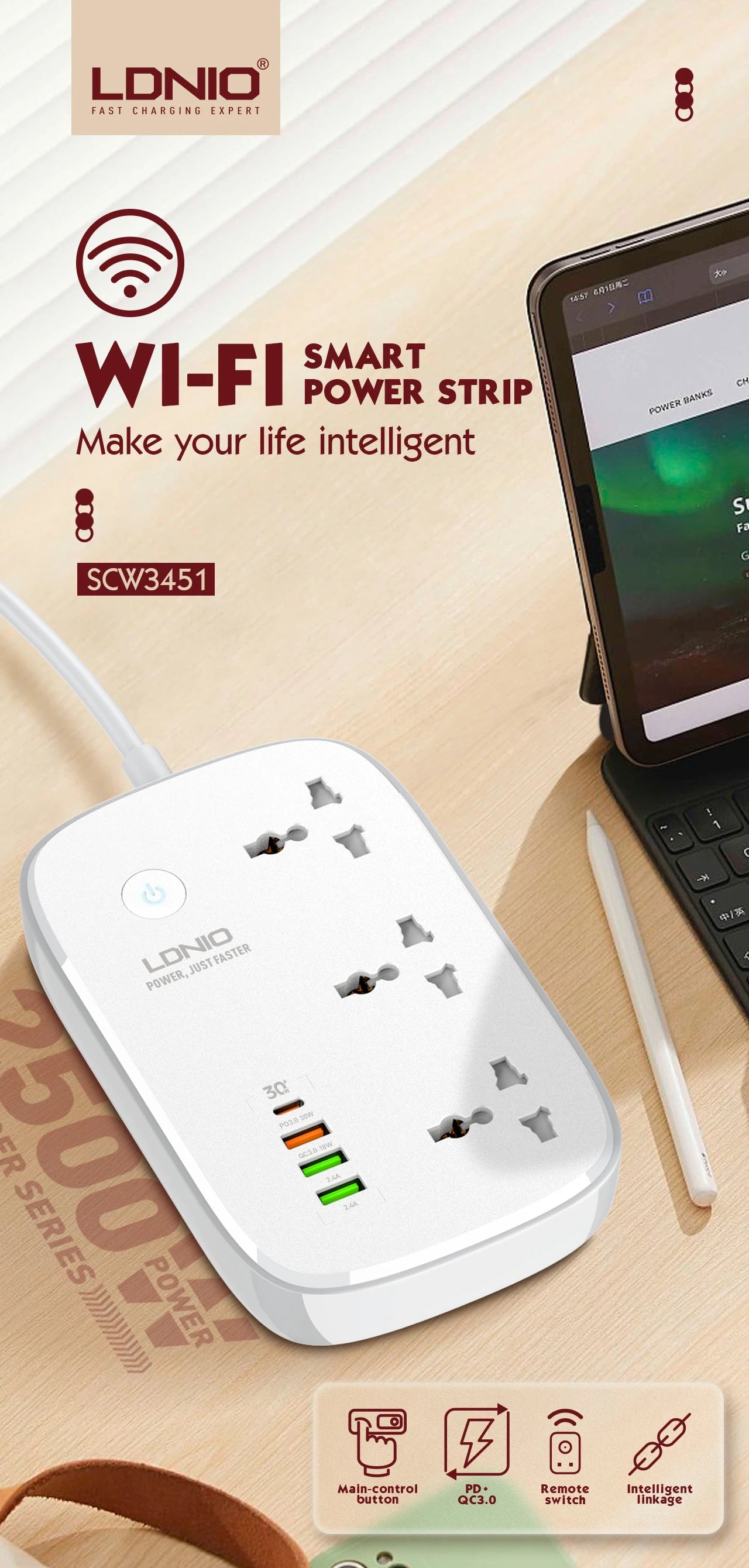 LDNIO WiFi Smart Power Strip – USB PD Ports & Remote Control