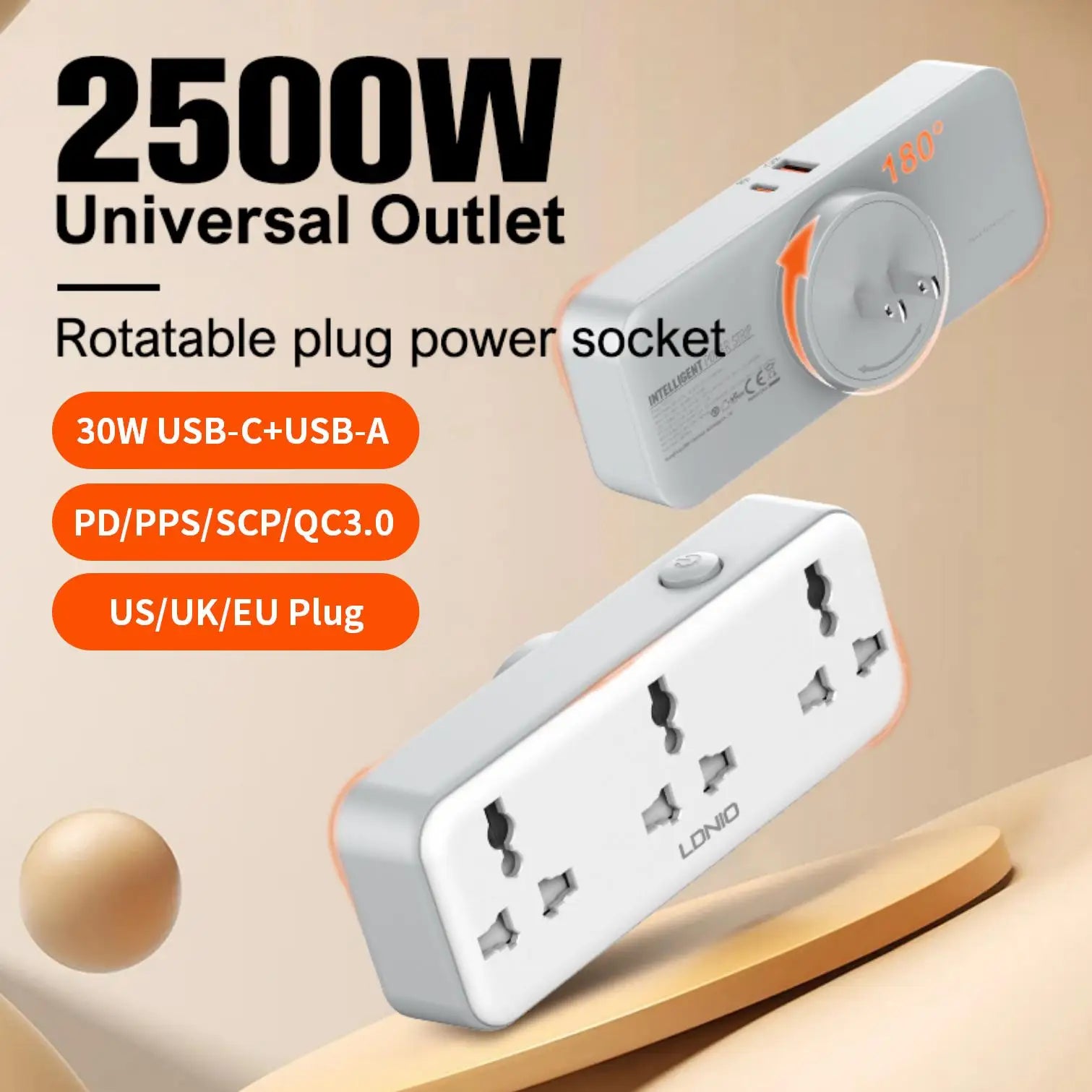 LDNIO Rotatable Power Plug with Switch – 3 AC Sockets & 2 USB (30W PD)