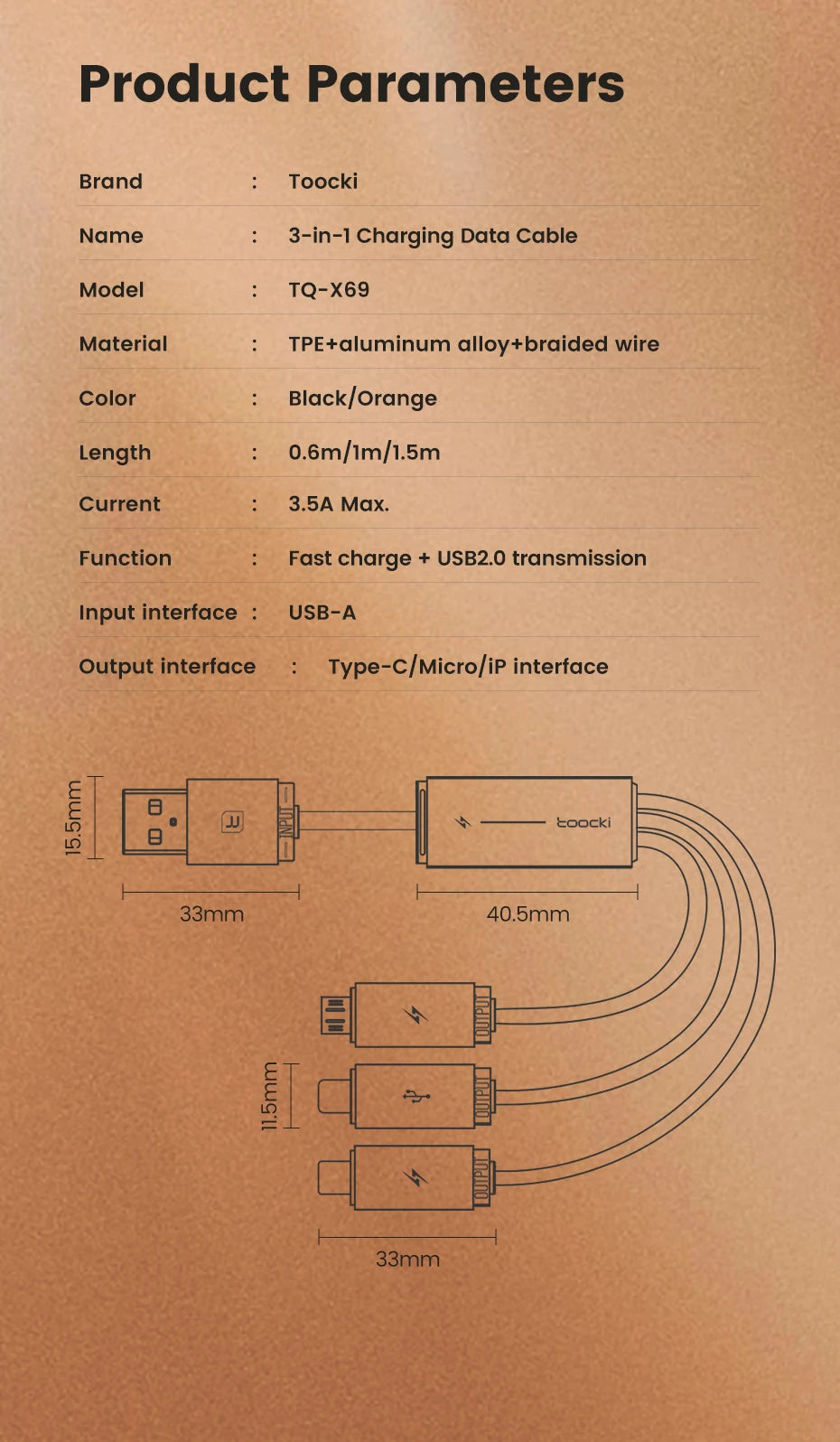 TOOCKI 3-in-1 Fast Charging Cable – USB-C, Lightning & Micro USB Multi Charging Cable