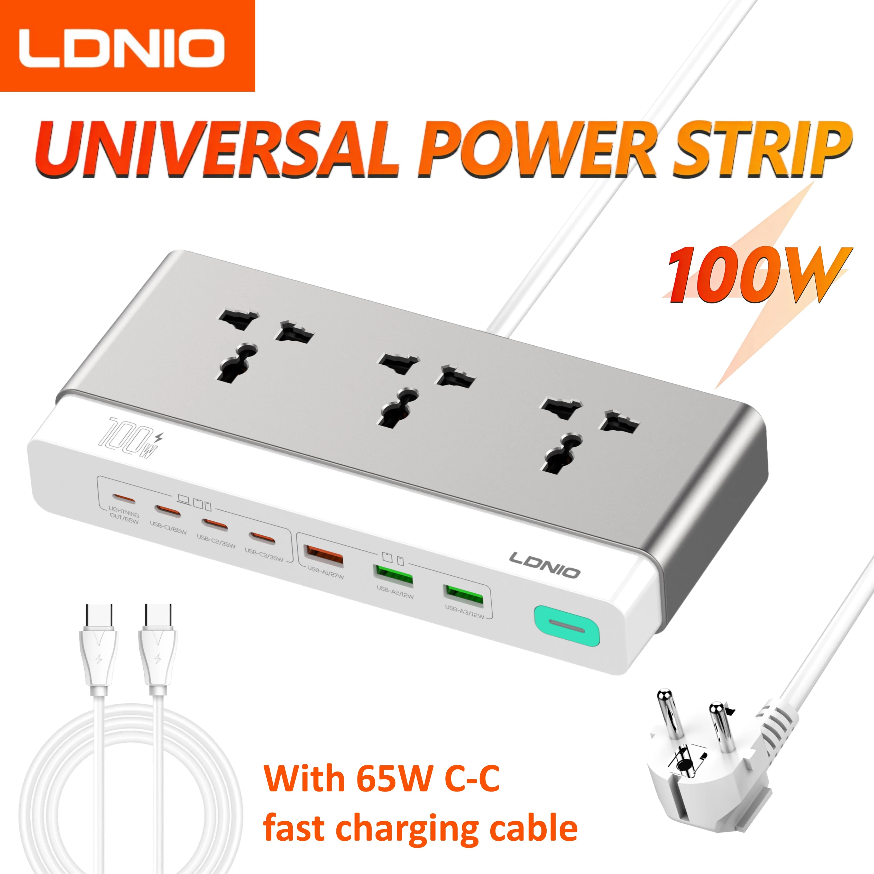 LDNIO 100W Desktop Power Strip – Universal AC Outlet with 65W USB-C Fast Charging & 2500W Power Station