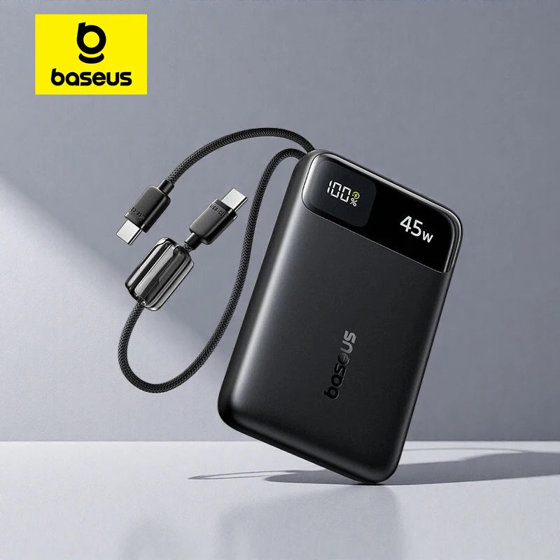 Baseus 45W Power Bank 10000mAh 20000mAh Built-In Dual USB-C Cable Fast Charging for iPhone 17 16 Pro Max Samsung S25 Xiaomi Poco