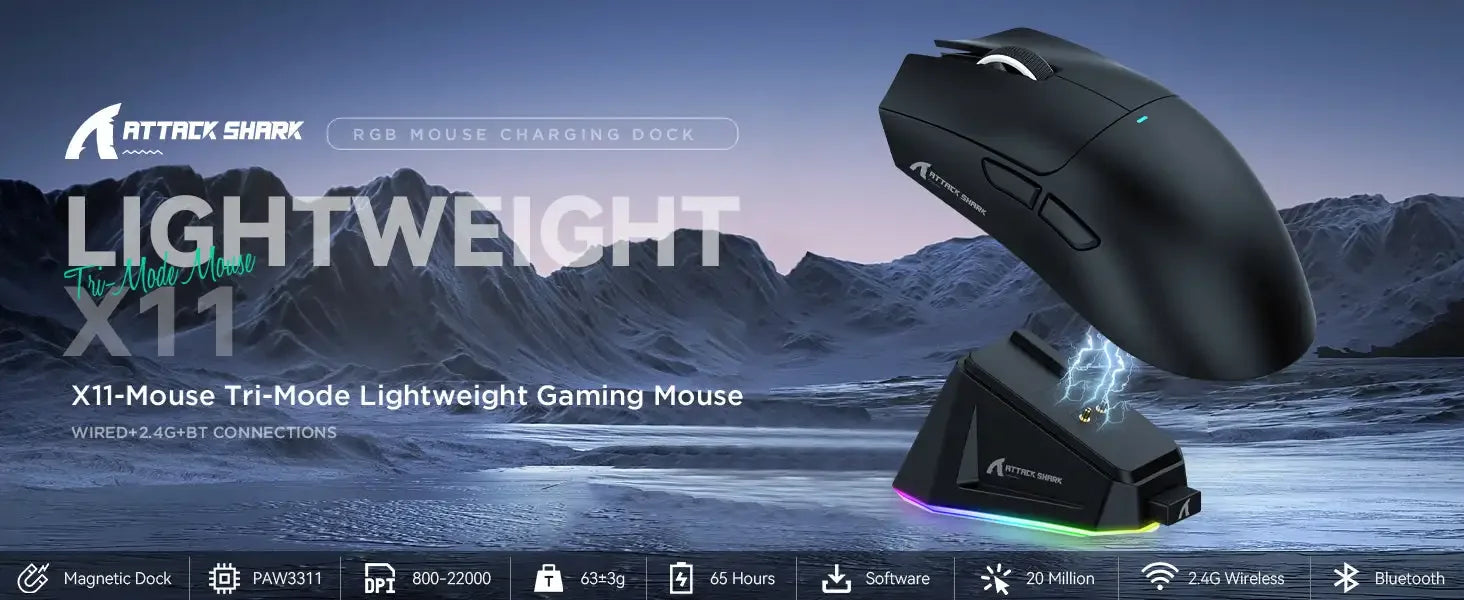 ATTACK SHARK X11 Gamer Mouse – Wireless, 3 Modes & Charging Dock