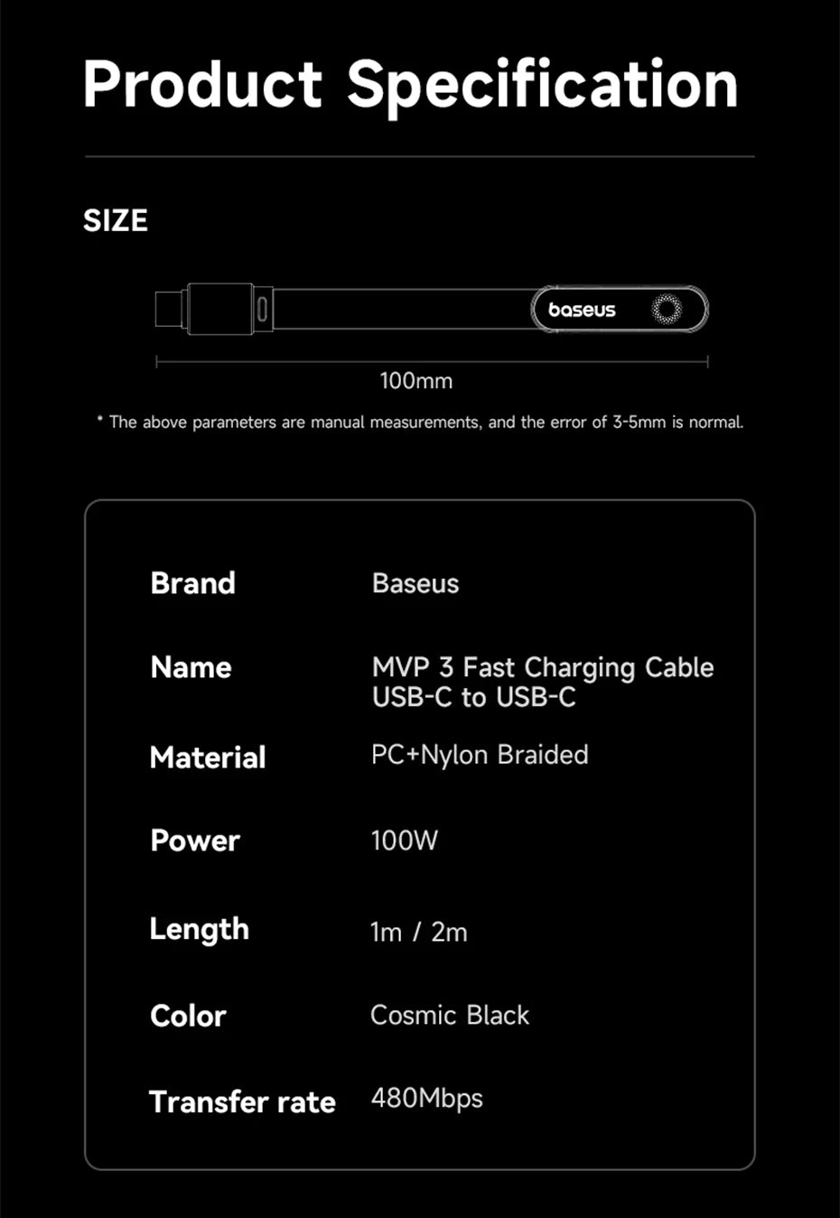 Baseus MVP3 100W Elbowed USB-C Fast Charging Cable
