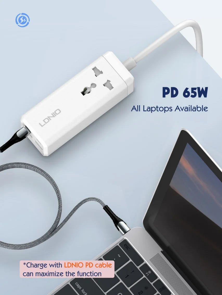 LDNIO SC1418 65W Power Strip – PD Fast Charging Station with 2M Extension Cable & 4 USB Ports