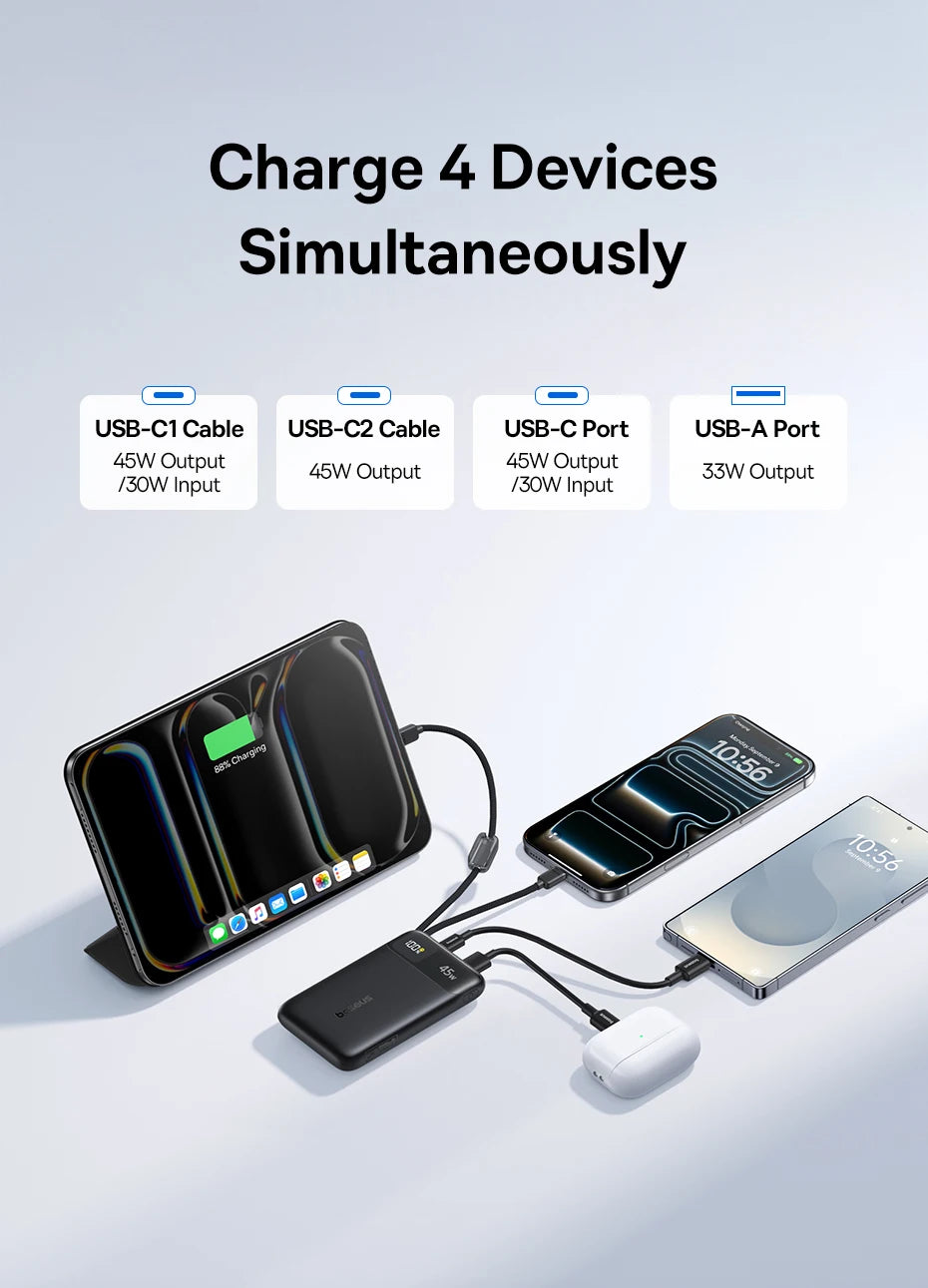 Baseus 45W Power Bank 10000mAh 20000mAh Built-In Dual USB-C Cable Fast Charging for iPhone 17 16 Pro Max Samsung S25 Xiaomi Poco