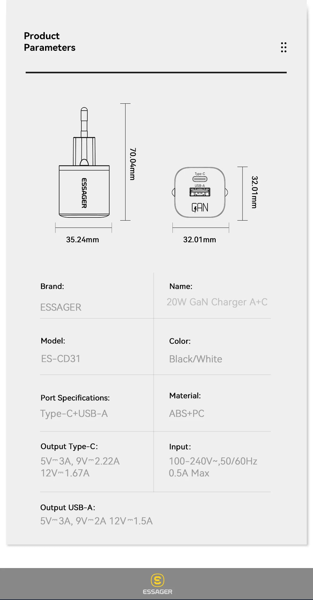 Essager 20W GaN USB Type C Charger Fast Charge Phone QC 3.0 Quick Chargers For iPhone 15 14 13 12 11Pro Max Mini iPad Charging