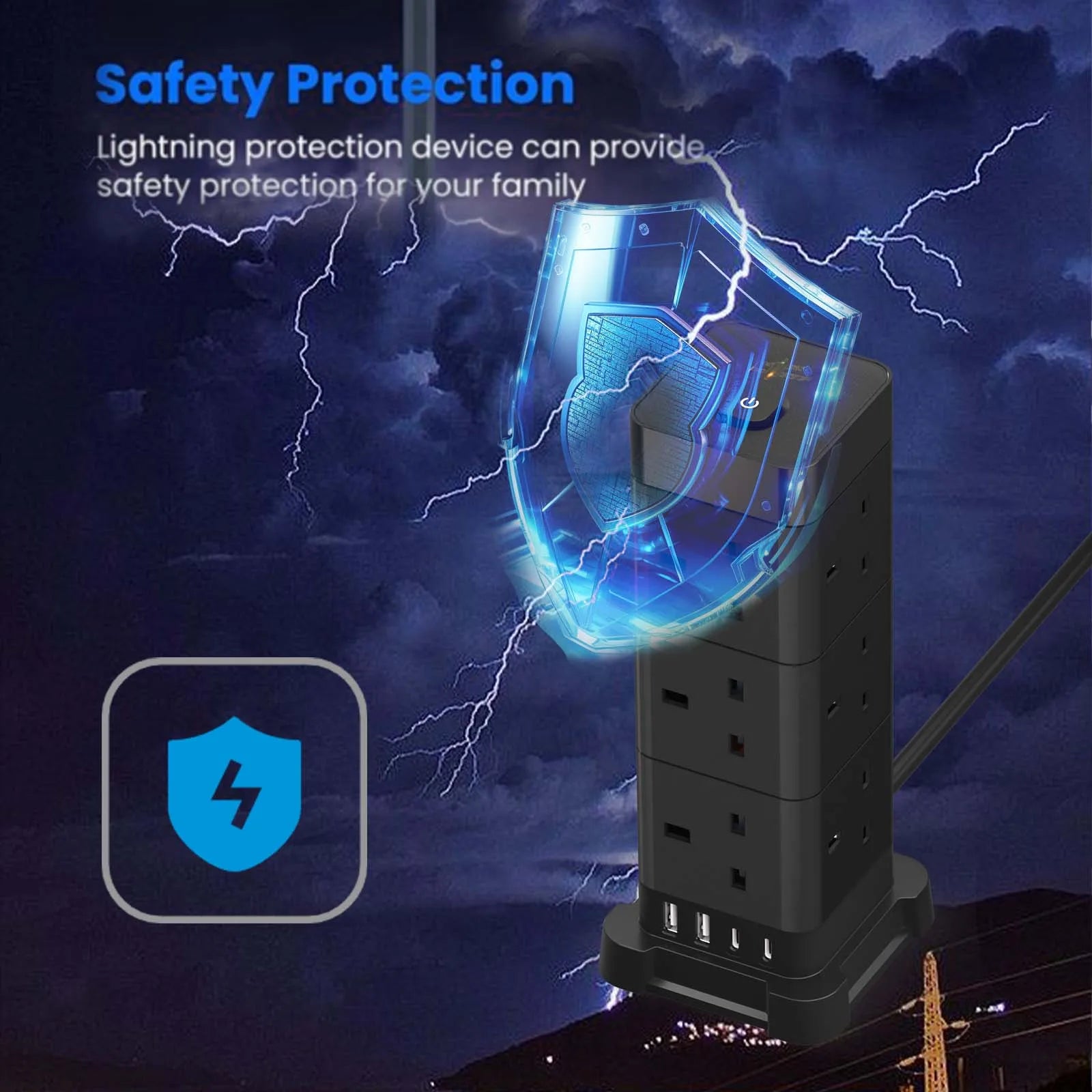 UK Power Tower Extension Lead – Multi Socket Surge Protector with USB-C & USB Charging Ports