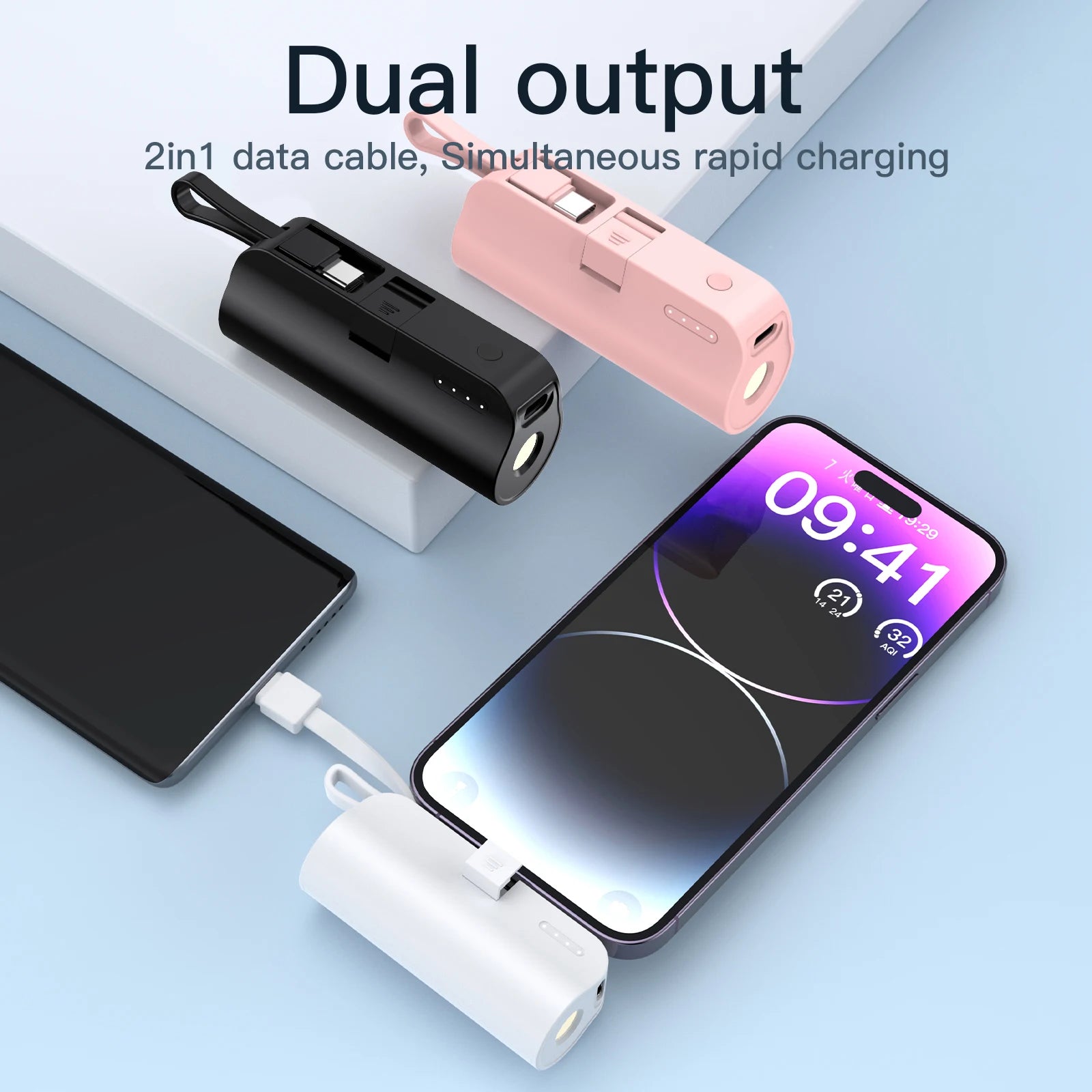 5000mAh Mini Portable Charger with Built-in Cable