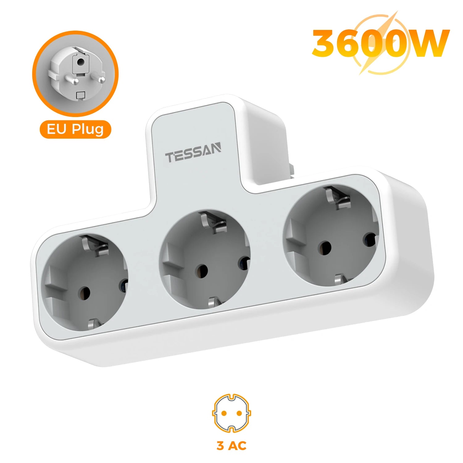 TESSAN Multiple Wall Socket with 3 AC Outlets Charging Ports EU Plug Wall Power Strip with Overload Protection 3fach Stecker Eu