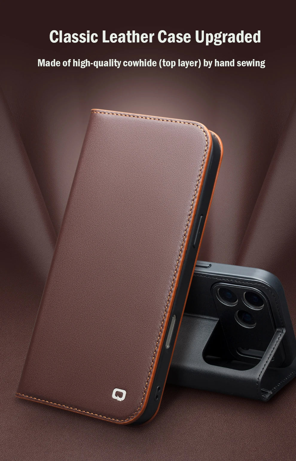QIALINO Genuine Leather Wallet Case for iPhone 17 Pro Max – Handmade Flip Cover with Card Slots