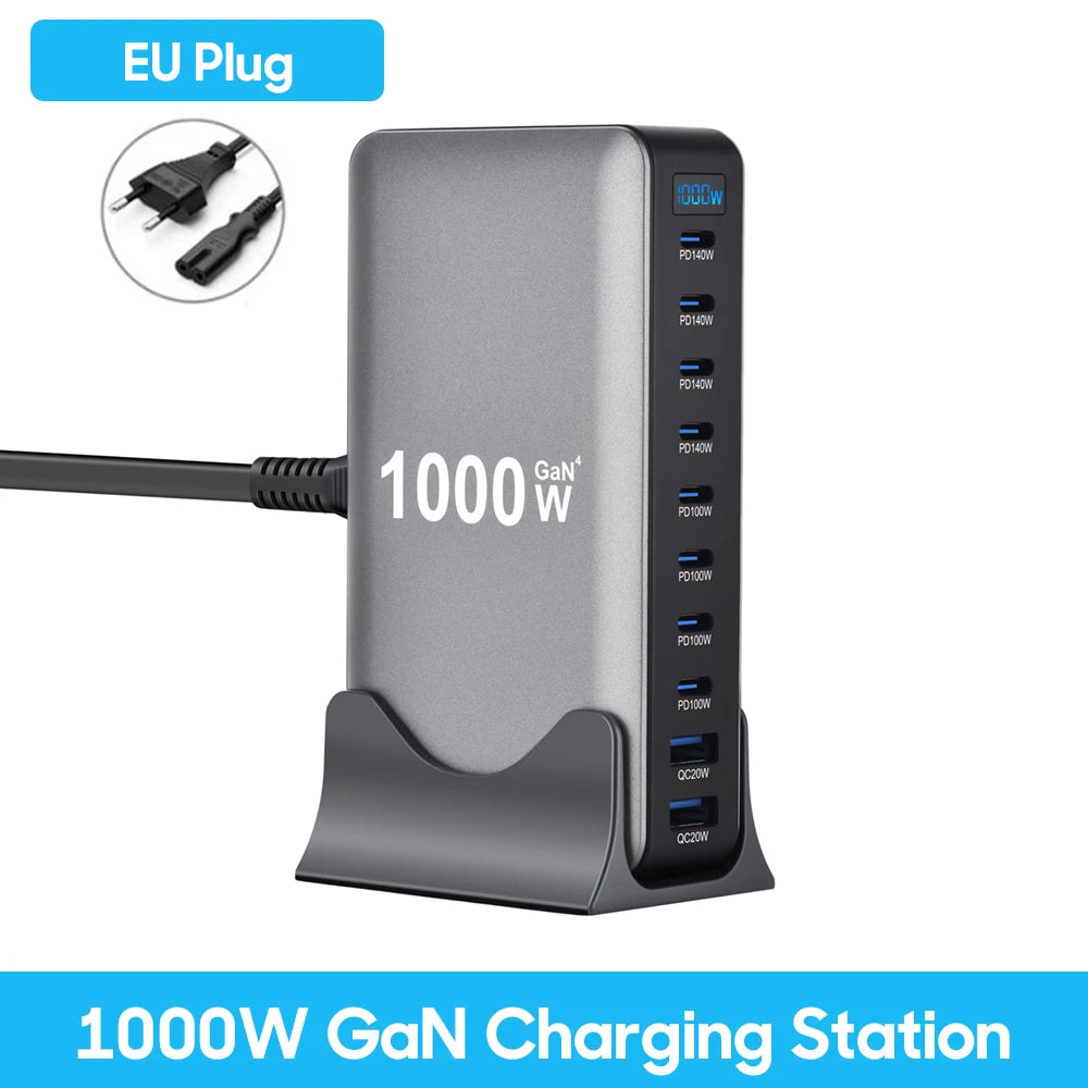 10-Port GaN Desktop Charger – Fast PD Charging for Laptop & Phone