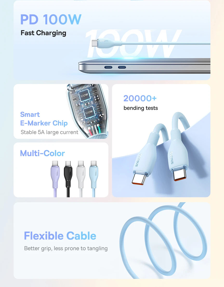 Baseus 100W PD USB-C Cable – Fast Charging for MacBook & iPhone