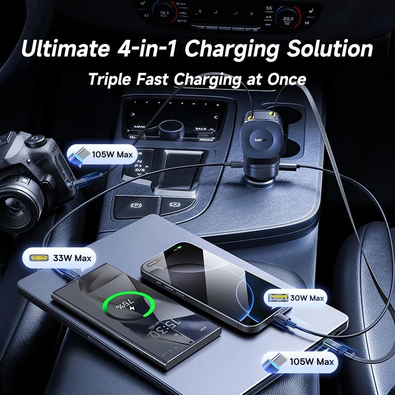 Baseus 240W Car Charger – 4-Port Fast Charging Adapter with Retractable USB-C Cable
