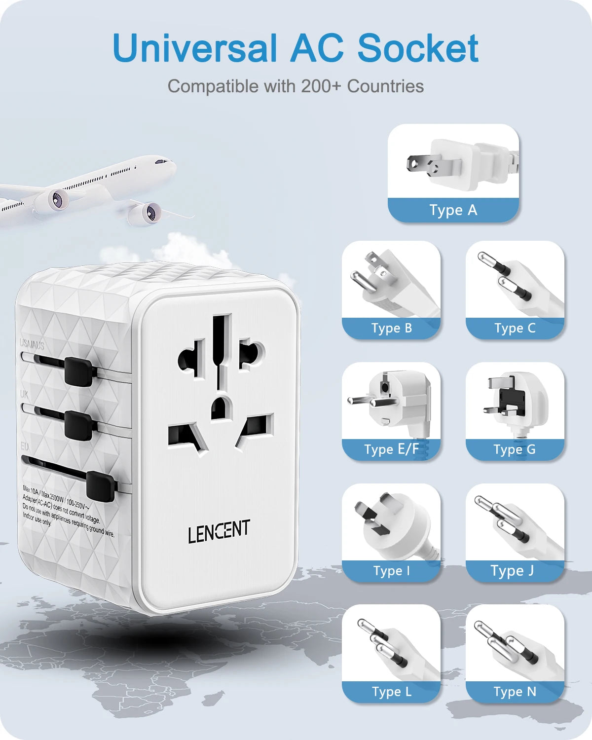 LENCENT 65W GaN Universal Travel Adapter with 2 USB  3 Type C Fast Charging All-in-one Travel Charger EU/UK/USA/AUS for Travel