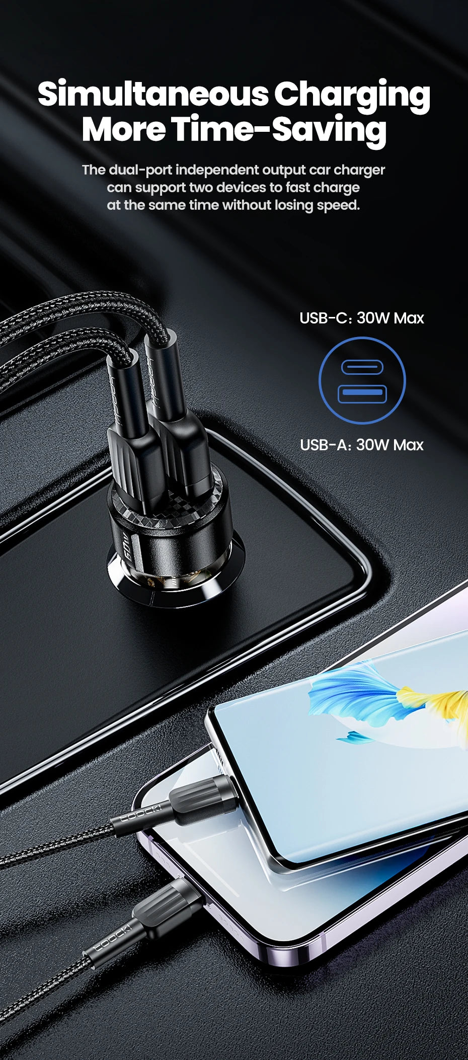 Toocki 60W Car Charger 30W Quick Charge Transparent Case PD 27W for iPhone 15 14 13 12 Xiaomi Poco Samsung Fast Charger Charging