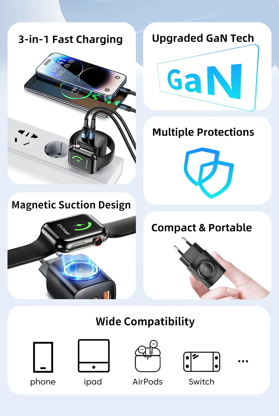 Toocki 3-in-1 GaN Charger – Fast USB-C & Wireless Charging for Phones & Watch