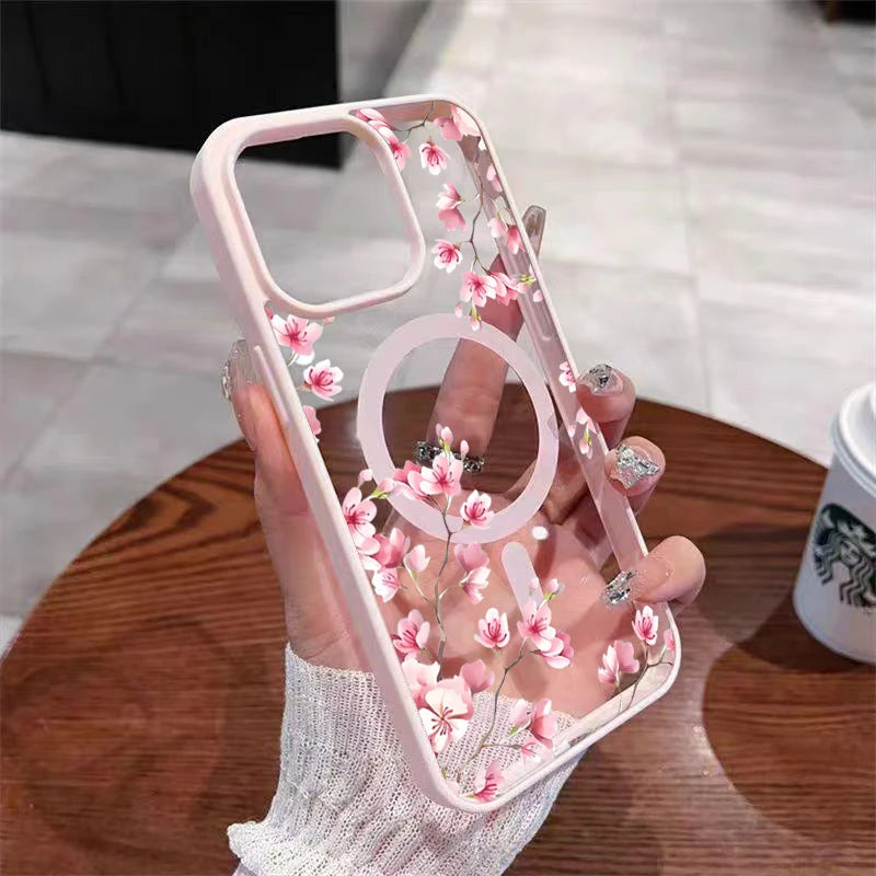 Pink Cherry Elegant Floral Background Design Magnetic Phone Case For iPhone 17 16 15 14 13 12 Pro Max 11 16 Plus 16E 17Air Cover