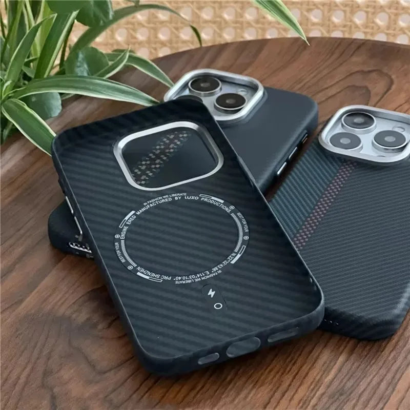 Geometric Carbon Fiber Texture 3D Relief MagSafe Case for iPhone 15–17 Series