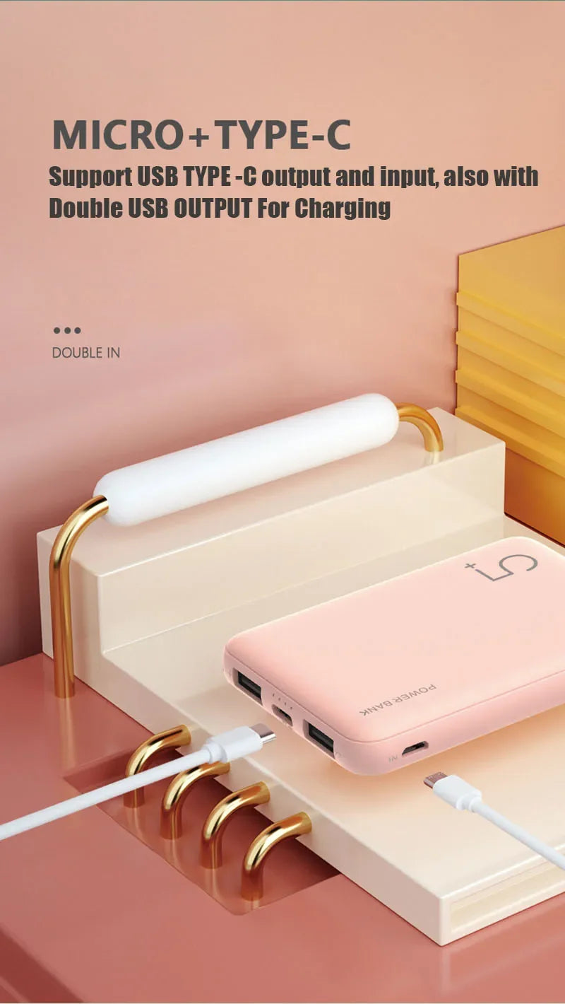 Portable 5000mAh Power Bank – Fast Charge Dual USB-C for Phones
